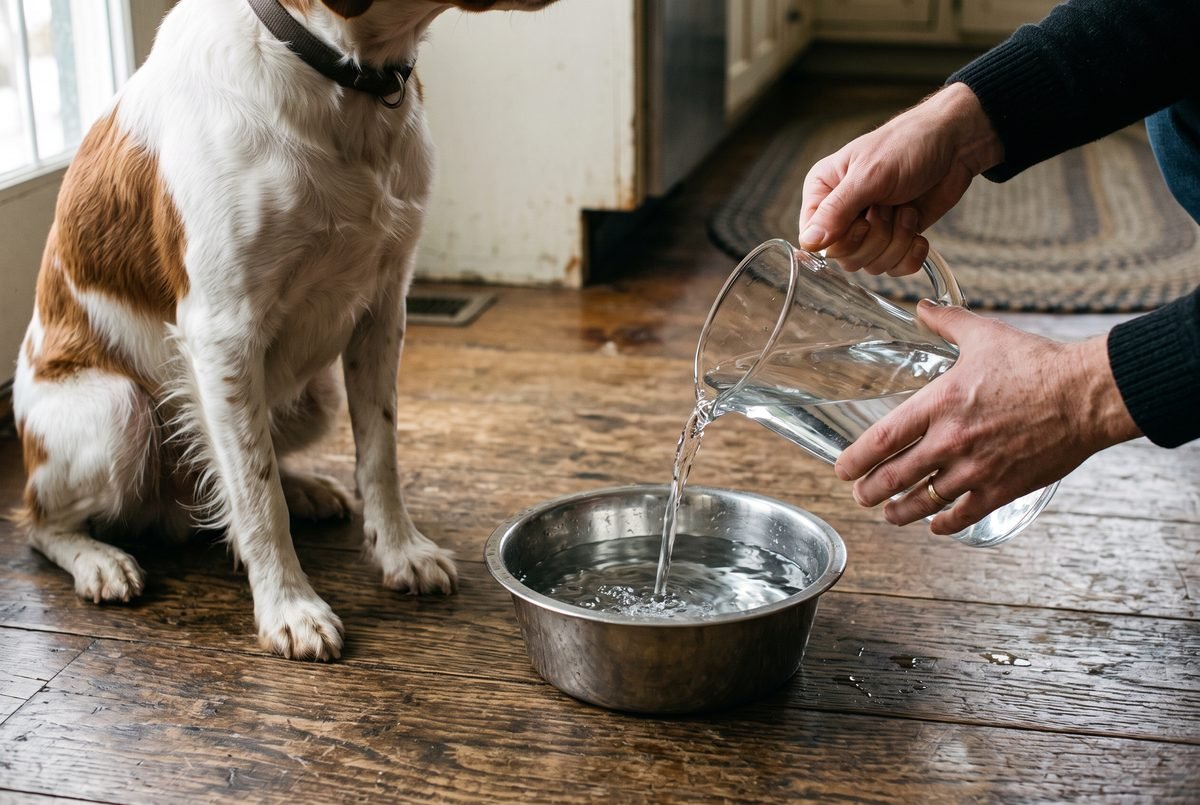 Mani che riempiono d'acqua la ciotola del cane