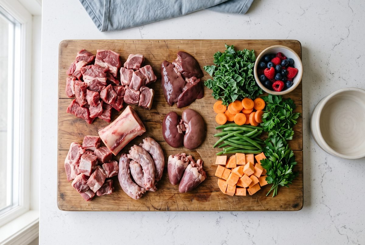 Carne cruda, ossa polpose e verdure tagliate su un tagliere di legno