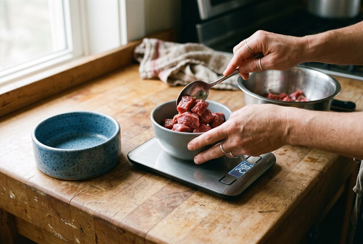 Mani che pesano una porzione di carne cruda sulla bilancia da cucina accanto alla ciotola del cane