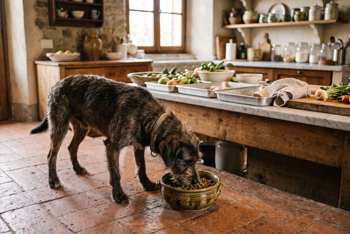 Cane di taglia media che mangia da una ciotola in cucina con le vaschette di cibo fresco sul piano