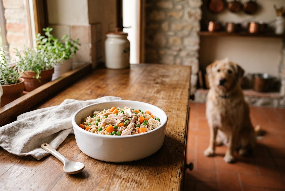 Ciotola in ceramica con pasto fresco cotto di pollo, riso e verdure sul tavolo della cucina, cane in attesa sullo sfondo