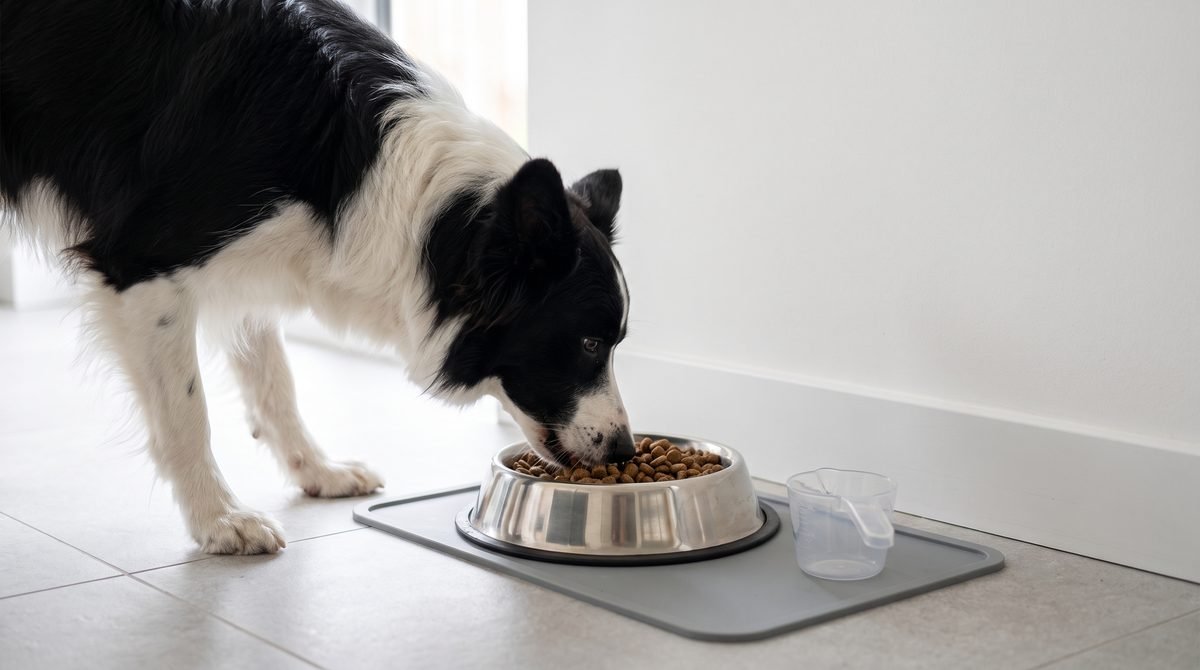 Border Collie che mangia crocchette da una ciotola in acciaio sul pavimento di casa