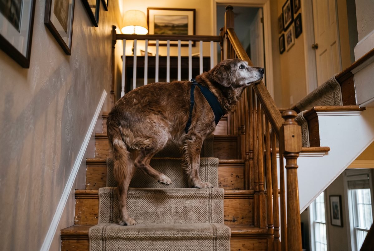 Cane anziano che sale lentamente una scala di casa