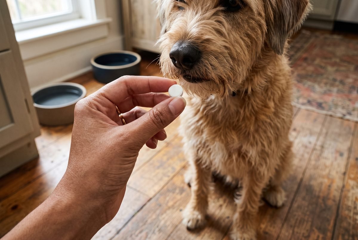 Mano che porge una compressa di integratore a un cane seduto in cucina