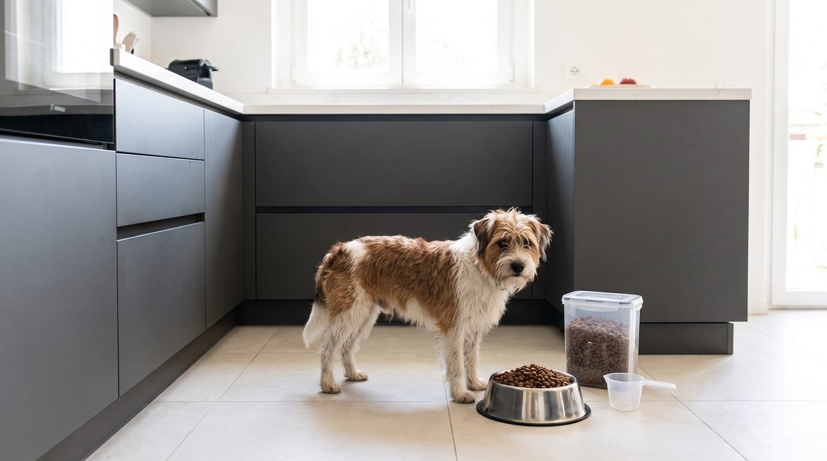 Cane di razza media accanto a una ciotola di crocchette in una cucina luminosa