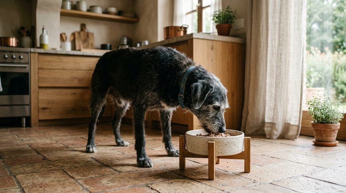 Cane anziano dal muso grigio che mangia da una ciotola rialzata su supporto di legno