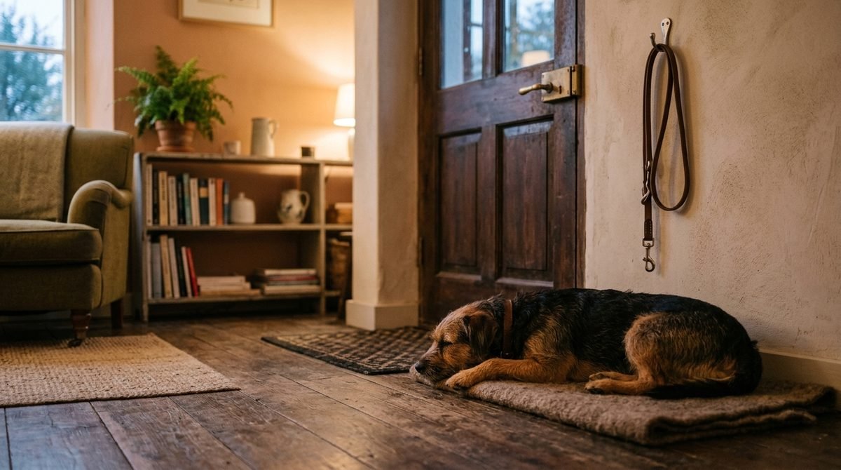 Cane sdraiato davanti alla porta di casa chiusa, con il guinzaglio appeso alla parete
