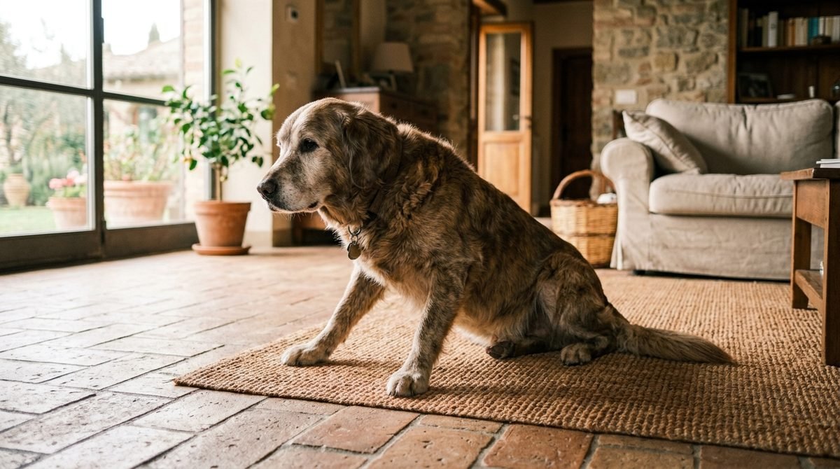 Cane anziano di taglia grande seduto su un tappeto antiscivolo mentre prova ad alzarsi