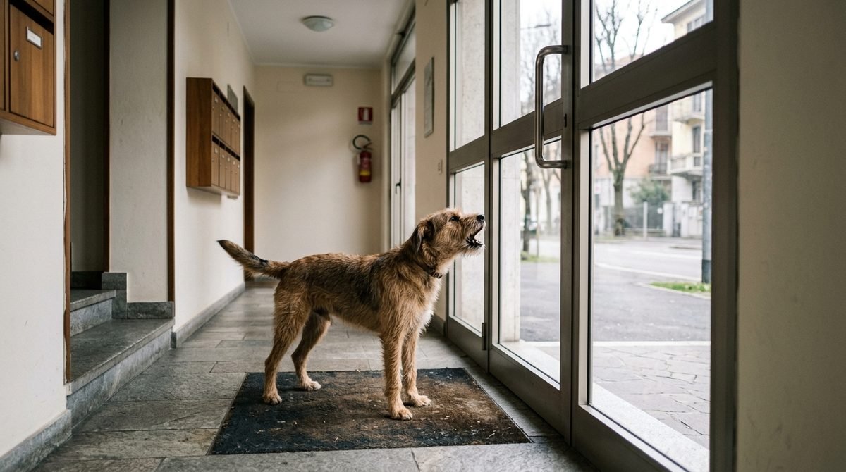 Cane che abbaia verso il portone a vetri dell'androne di un palazzo italiano