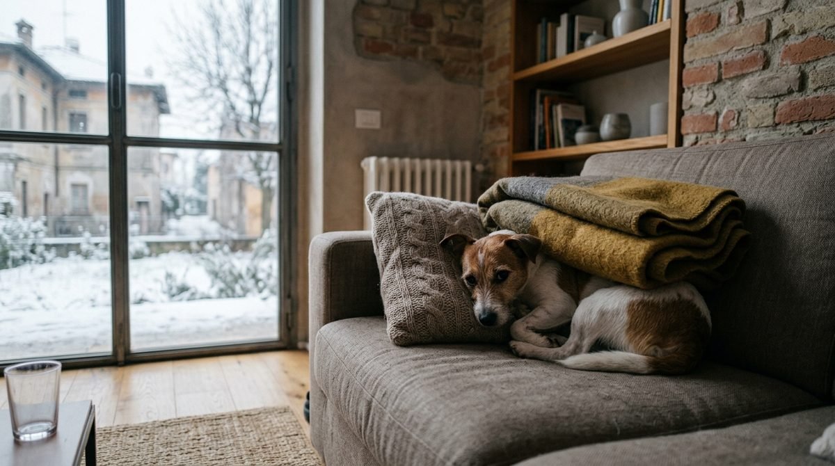Cane di piccola taglia rannicchiato sul divano sotto una coperta di lana in una giornata fredda