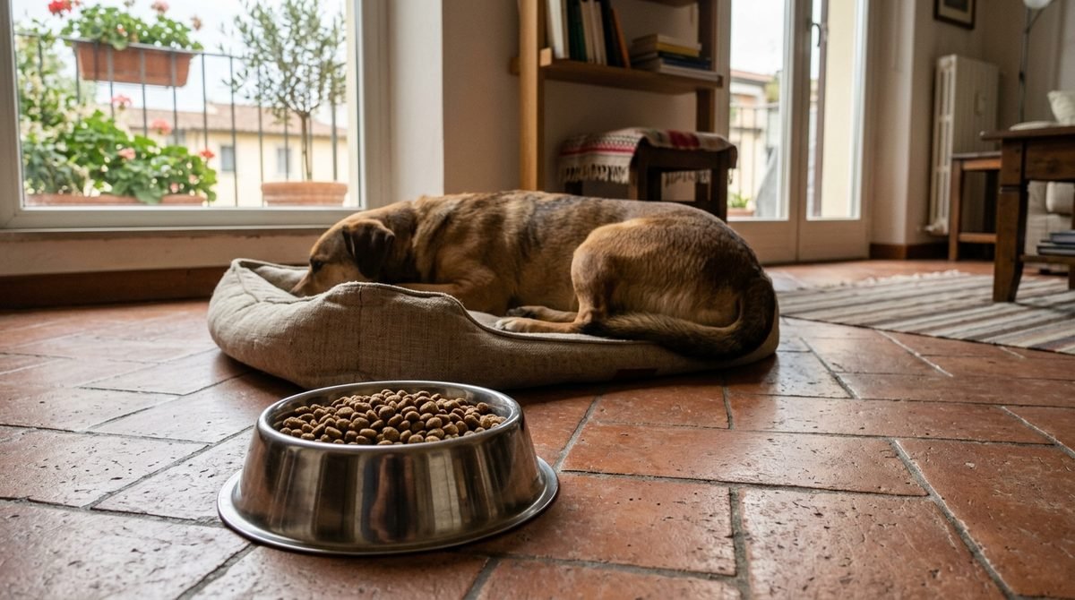 Ciotola di crocchette intatta sul pavimento e cane sdraiato sulla cuccia che le ignora