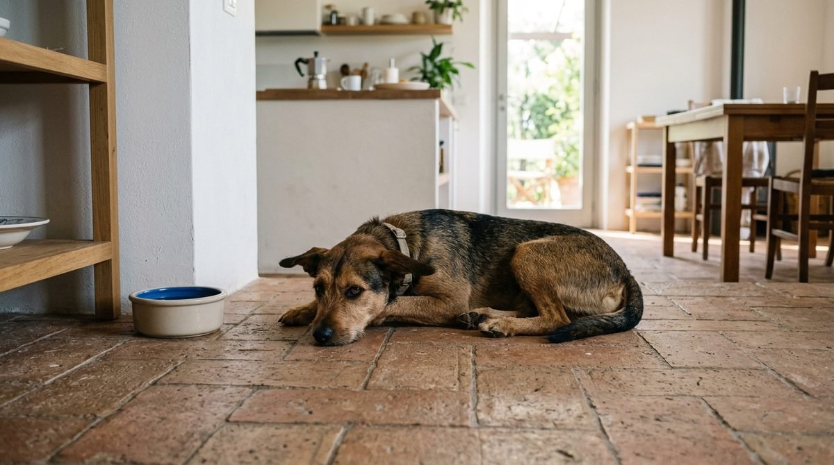 Cane sdraiato sul pavimento di casa accanto alla ciotola dell'acqua, con aria sofferente