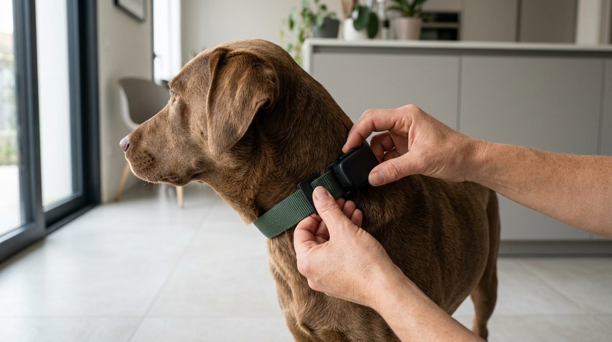 Mano che aggancia un localizzatore GPS al collare di un cane di taglia media