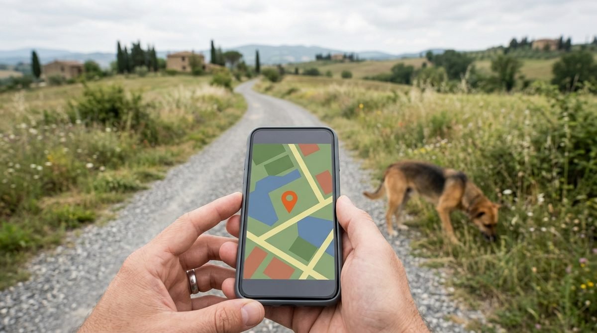 Persona che controlla sullo smartphone la mappa con la posizione del proprio cane durante una passeggiata
