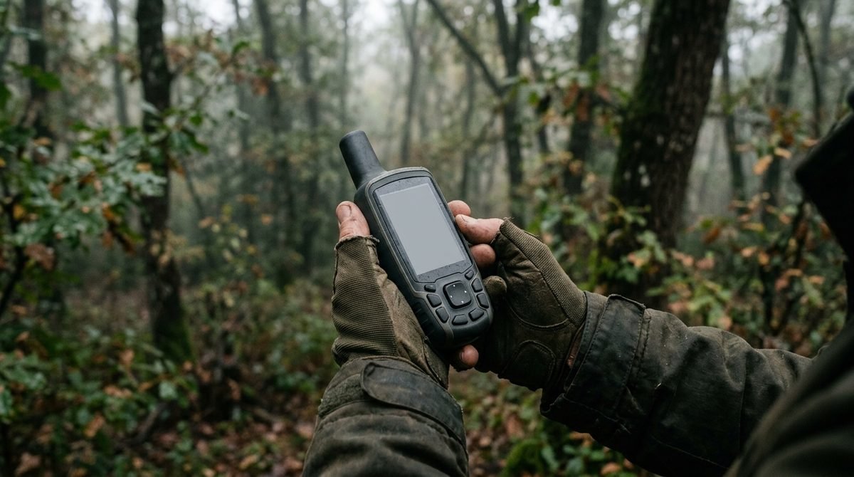 Mani con guanti da caccia che tengono un palmare GPS per il tracciamento dei cani in un bosco nebbioso