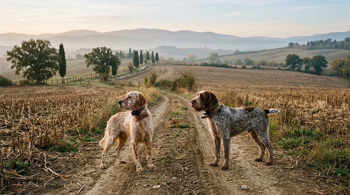 Setter inglese e spinone con collari di tracciamento su una strada sterrata di campagna all'alba