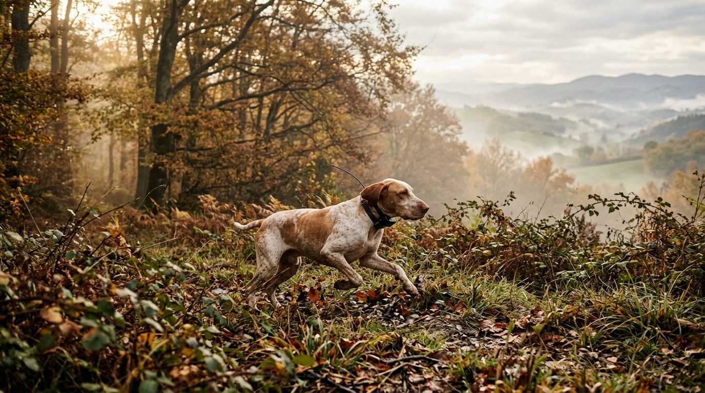 Bracco italiano che cerca nel sottobosco con un collare GPS per cani da caccia e antenna sul collare