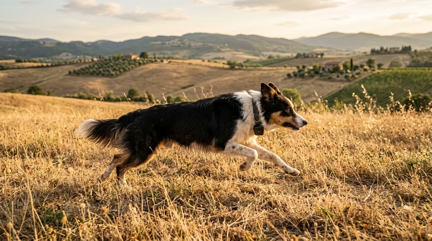 Border collie che corre in un campo con un collare GPS per cani agganciato al collare