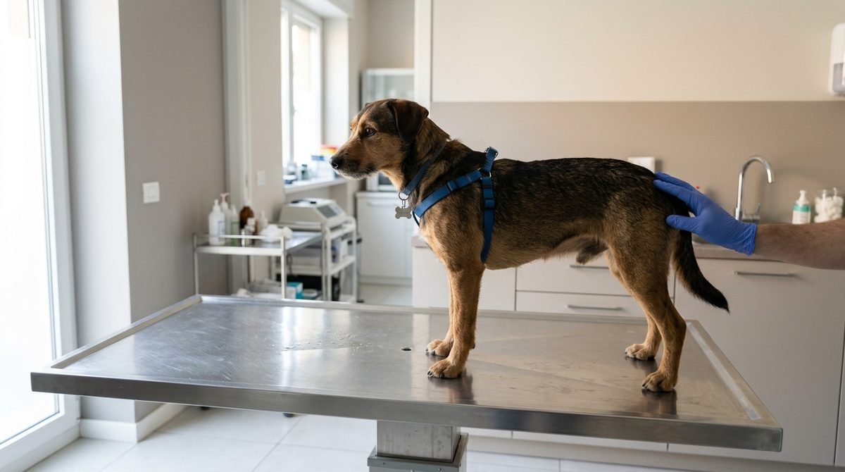Cane sul tavolo da visita di un ambulatorio veterinario, con la mano guantata del veterinario sulla spalla