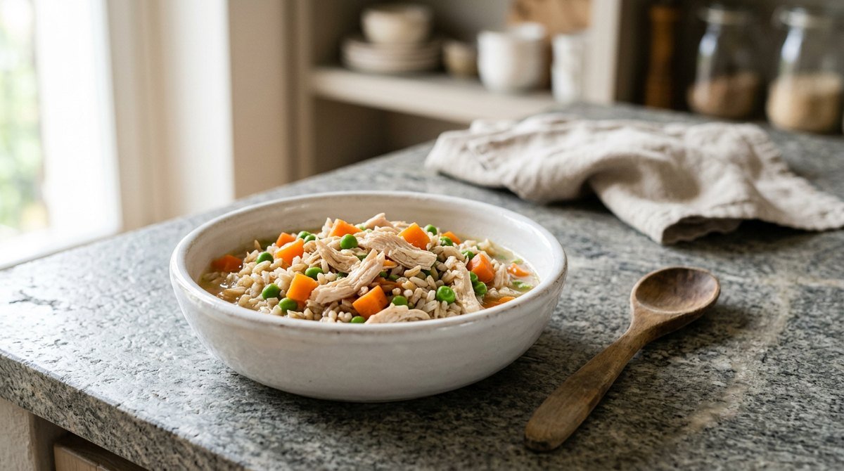 Cibo fresco per cane con pollo, riso e verdure in una ciotola