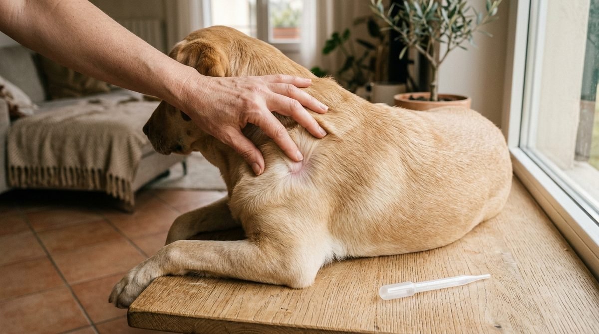 Pelo del cane scostato sulla spalla per applicare una pipetta antiparassitaria, pelle sana e senza lesioni