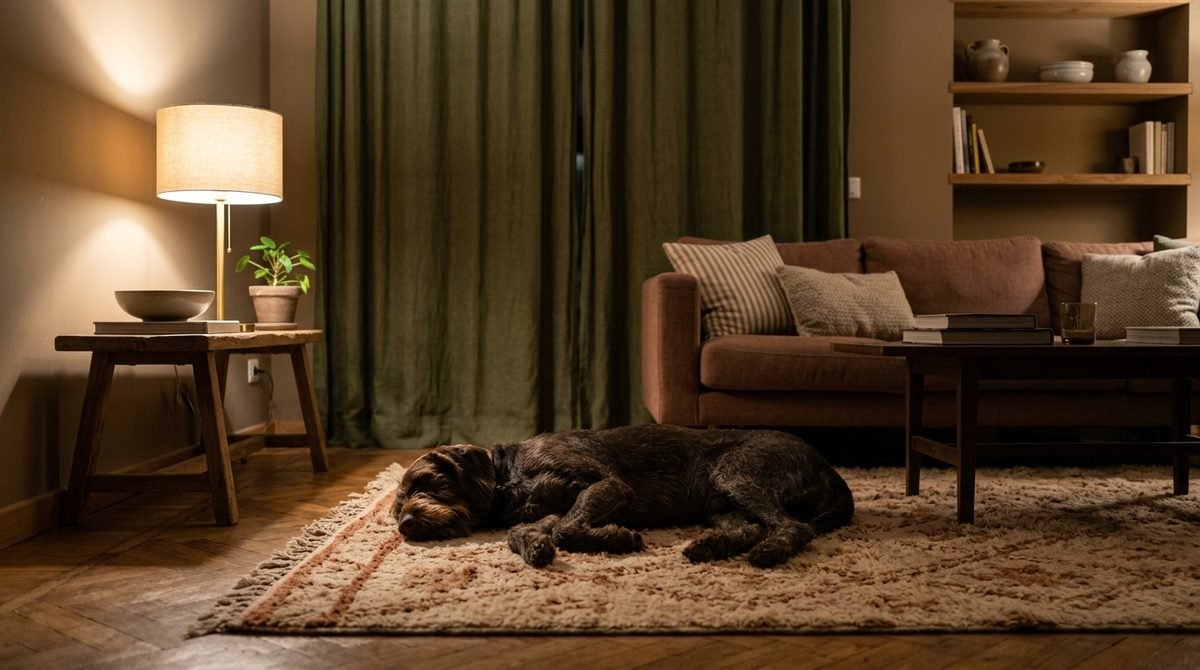 Cane che dorme disteso sul tappeto di un salotto illuminato da una sola lampada la sera