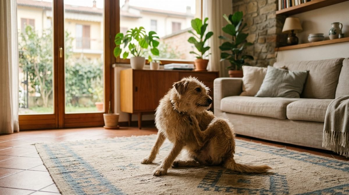 Cane seduto sul tappeto del salotto che si gratta il collo con la zampa posteriore