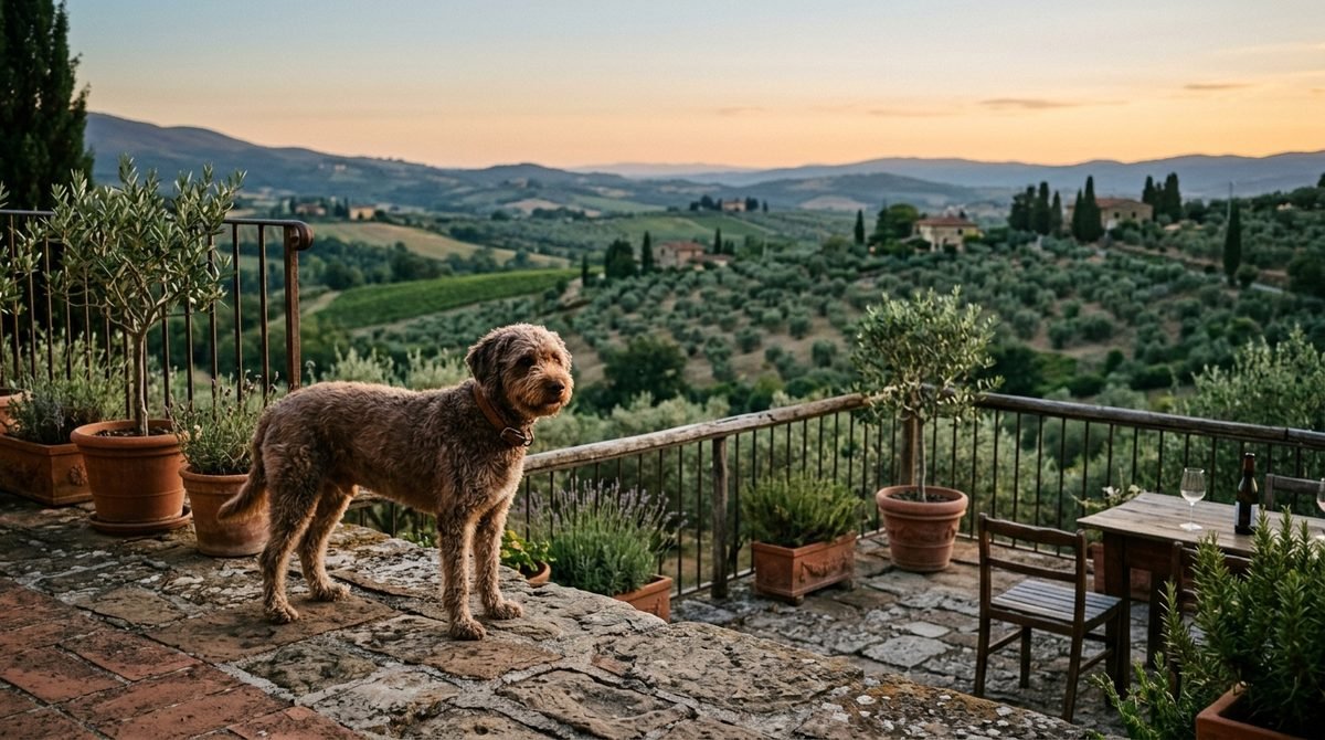 Cane su una terrazza di campagna italiana al tramonto, l'ora in cui i pappataci sono attivi