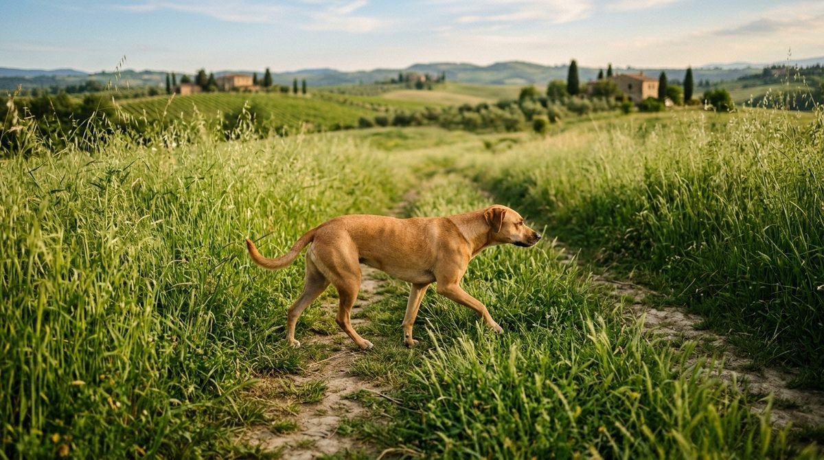 Cane che cammina in un sentiero di erba alta nella campagna italiana, dove si prendono le zecche