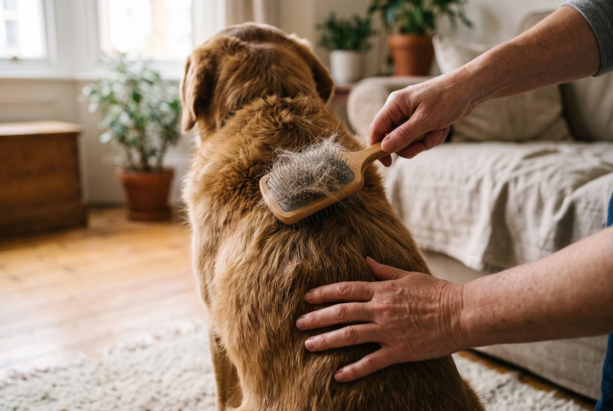 Mani che spazzolano il dorso di un cane con la spazzola cardatrice
