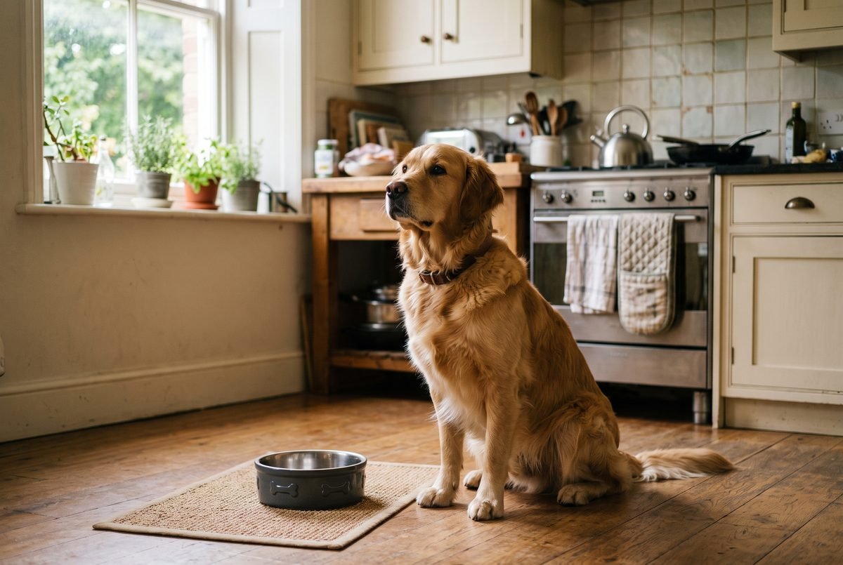 Cane seduto accanto alla ciotola che aspetta di mangiare