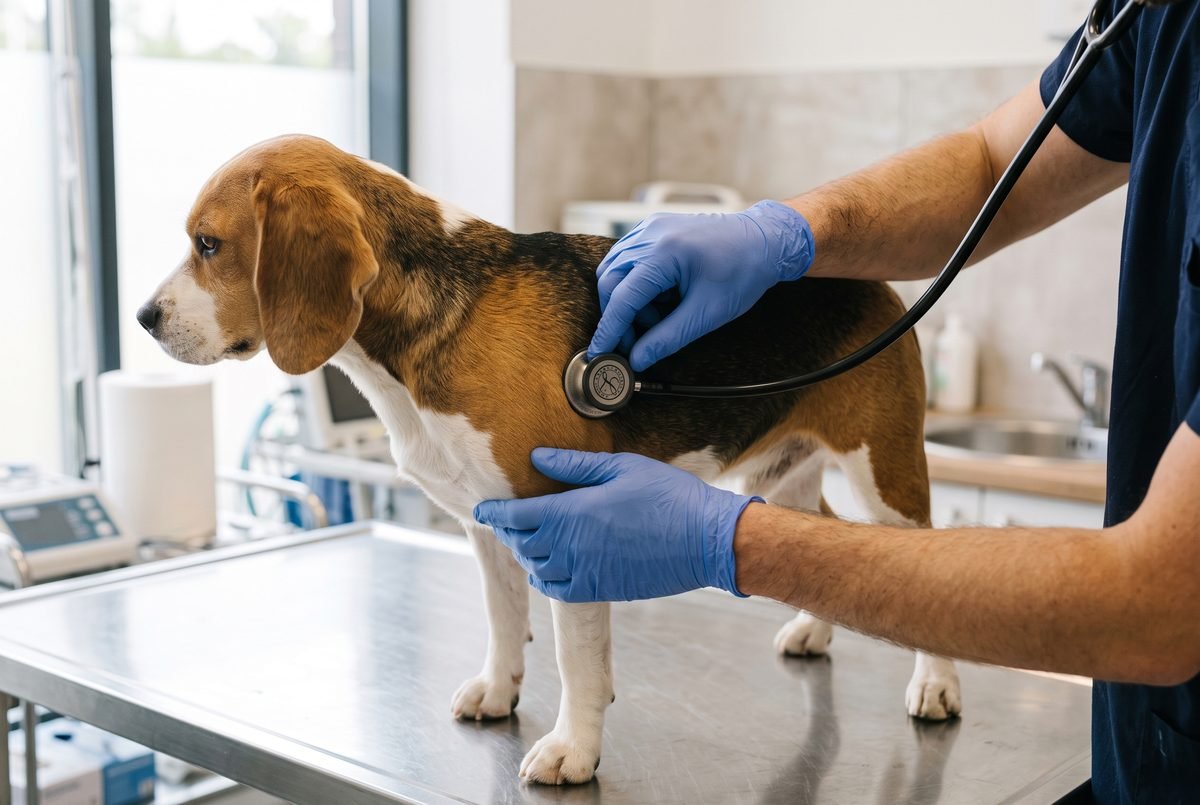Mani di una veterinaria che auscultano un beagle sul tavolo dell'ambulatorio