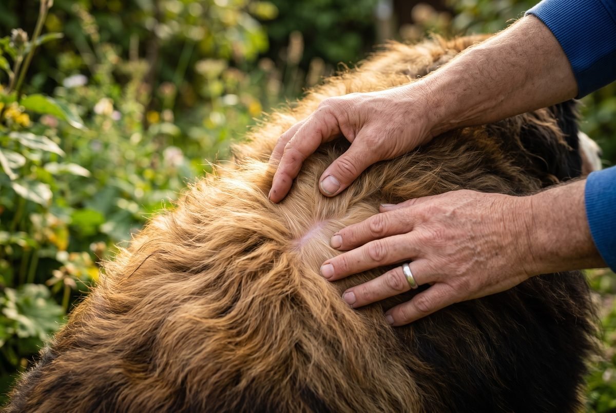 Mani che scostano il pelo sul dorso del cane per controllare la presenza di zecche