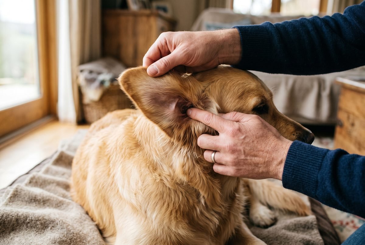 Mani che sollevano il padiglione auricolare del cane per controllare il condotto