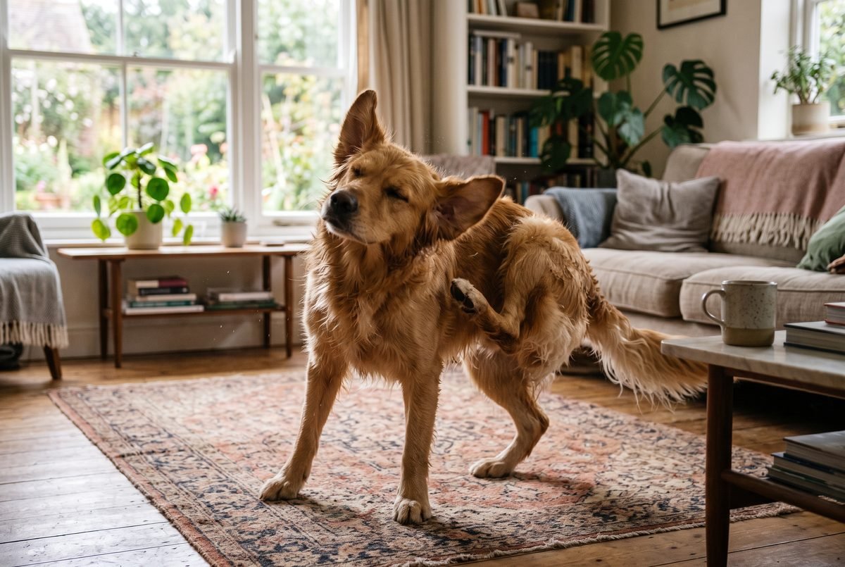 Cane che scuote la testa e si gratta l'orecchio con la zampa posteriore