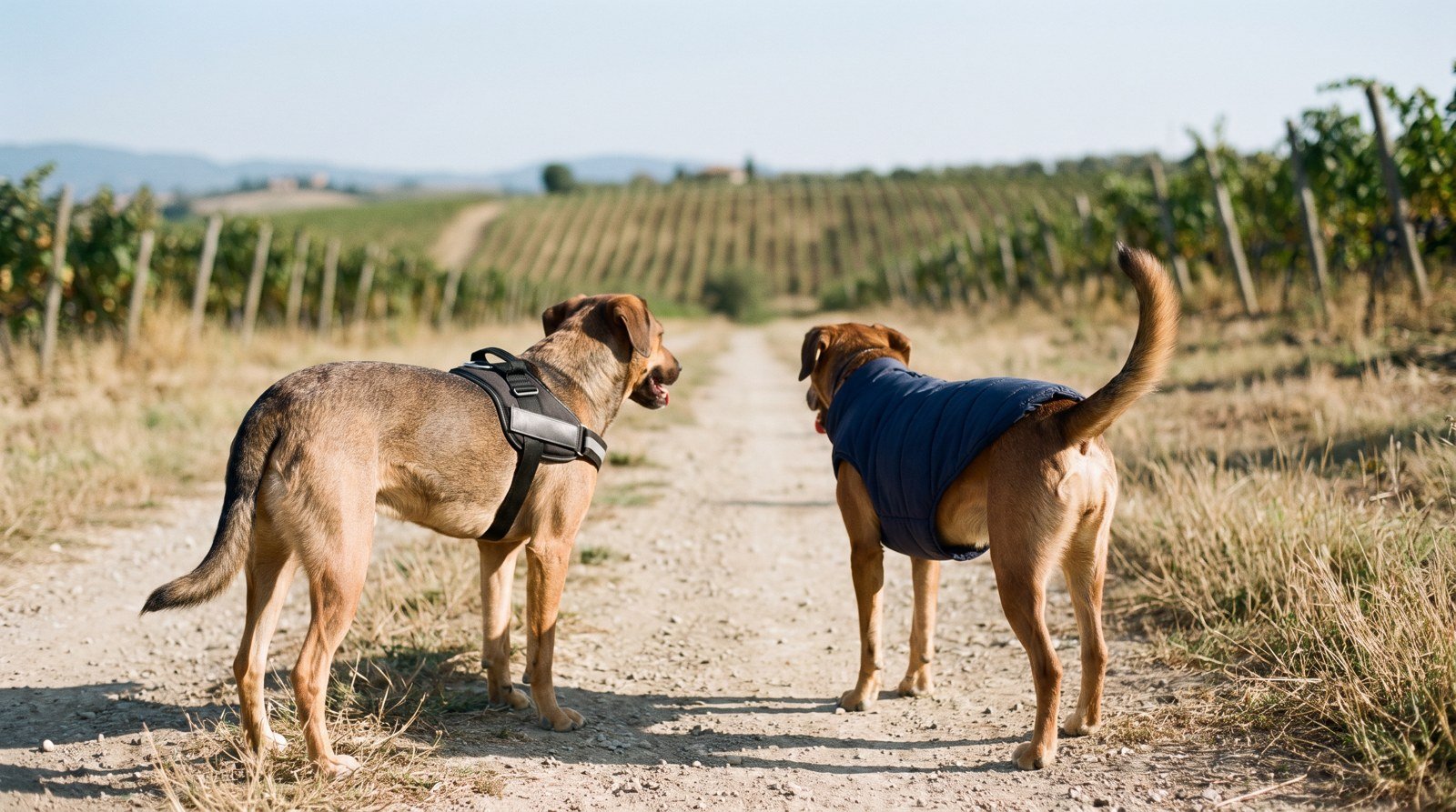 Due cani di taglia media con pettorina che passeggiano in un sentiero di campagna italiana