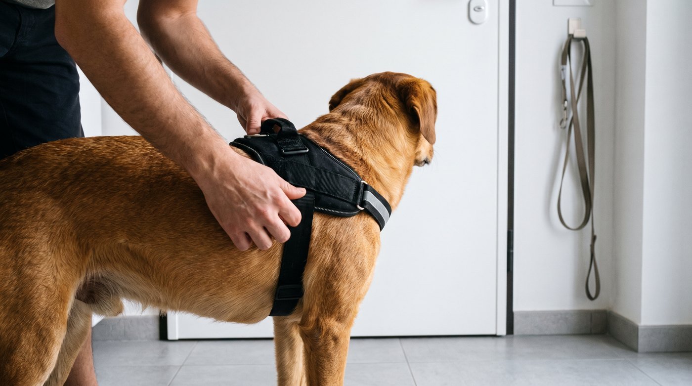 Mani che regolano la cinghia toracica di una pettorina ad H nera su un cane di taglia media