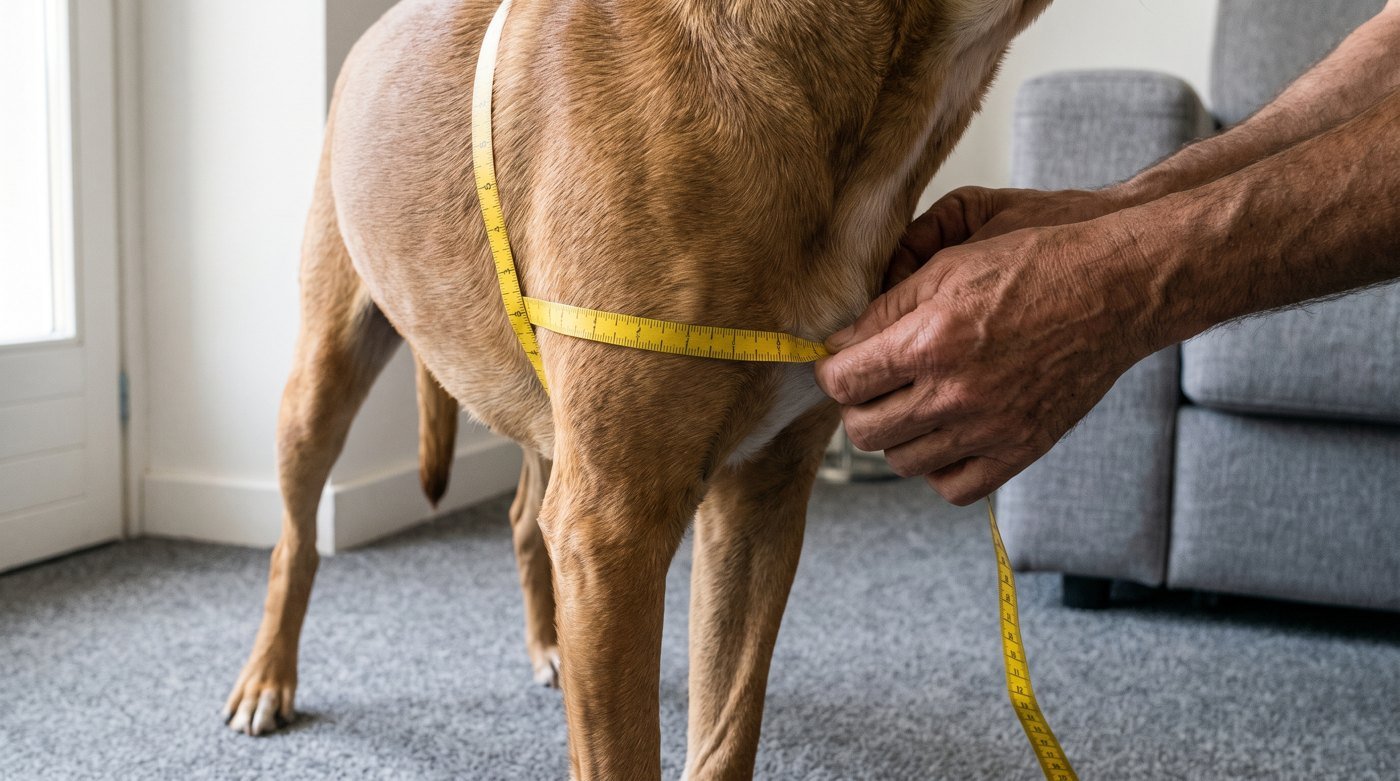 Metro da sarta avvolto attorno al torace di un cane per misurare la circonferenza