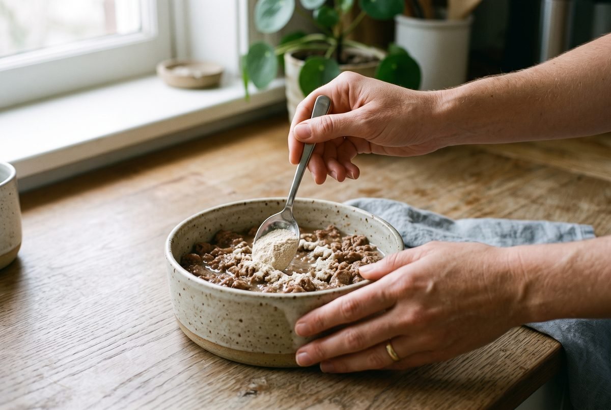 Mano che mescola una polvere di probiotici nel cibo umido dentro la ciotola