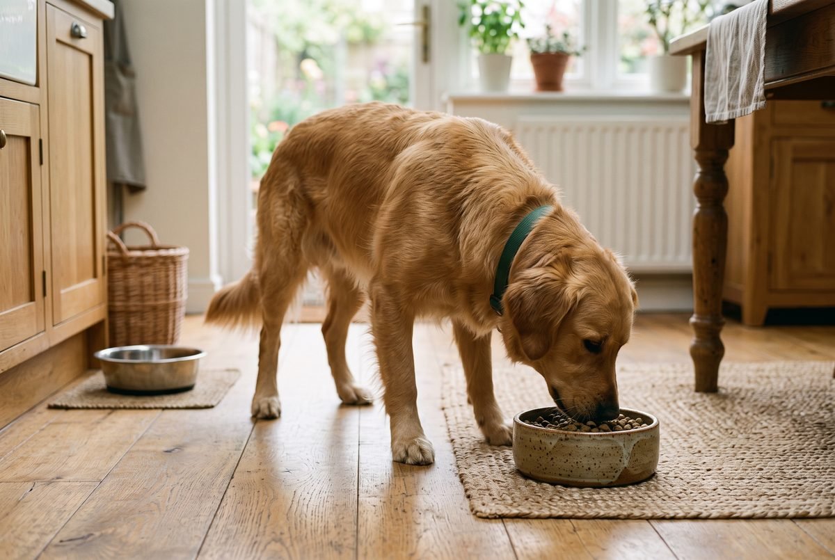 Cane che mangia da una ciotola di ceramica sul pavimento della cucina