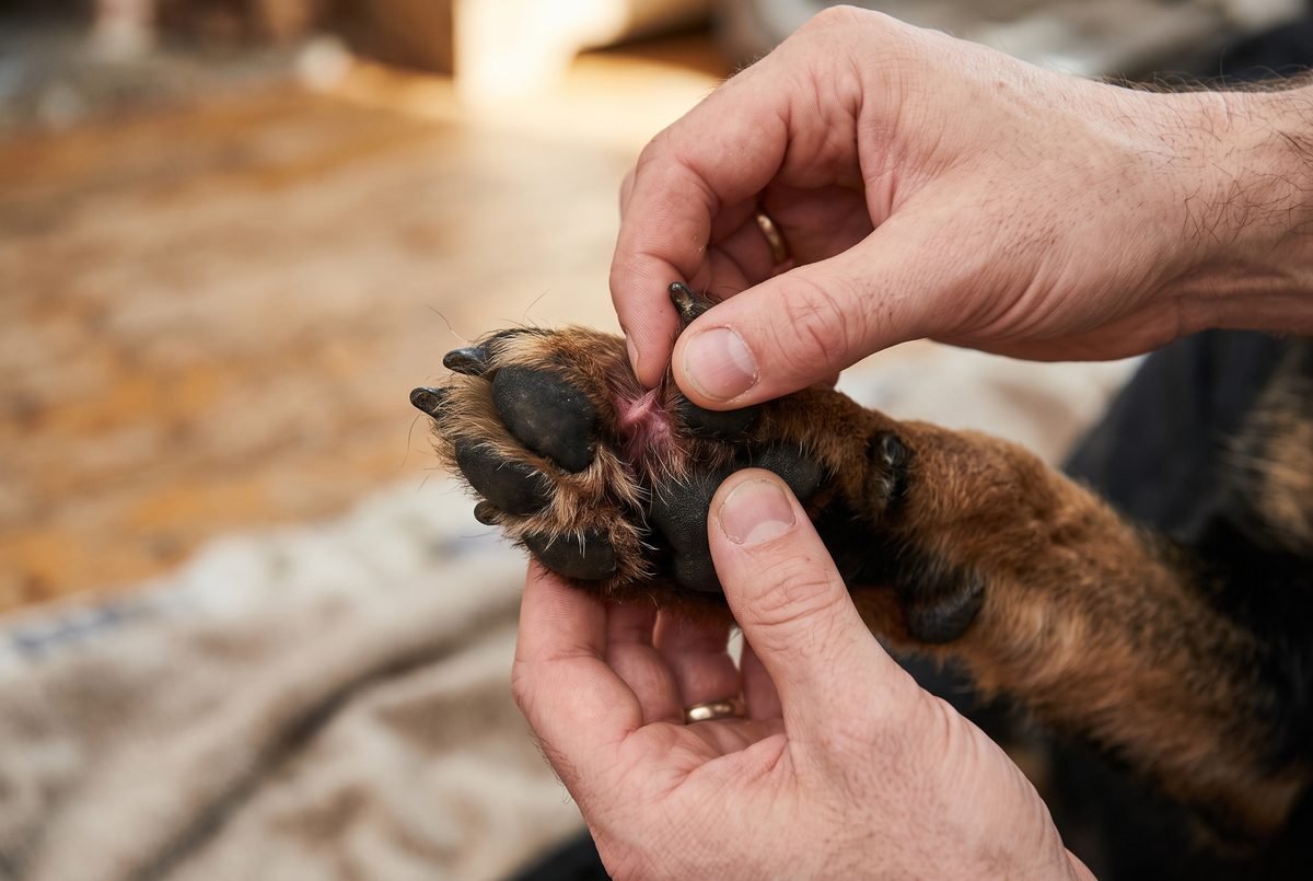 Mani che allargano le dita della zampa del cane per controllare la pelle fra i cuscinetti