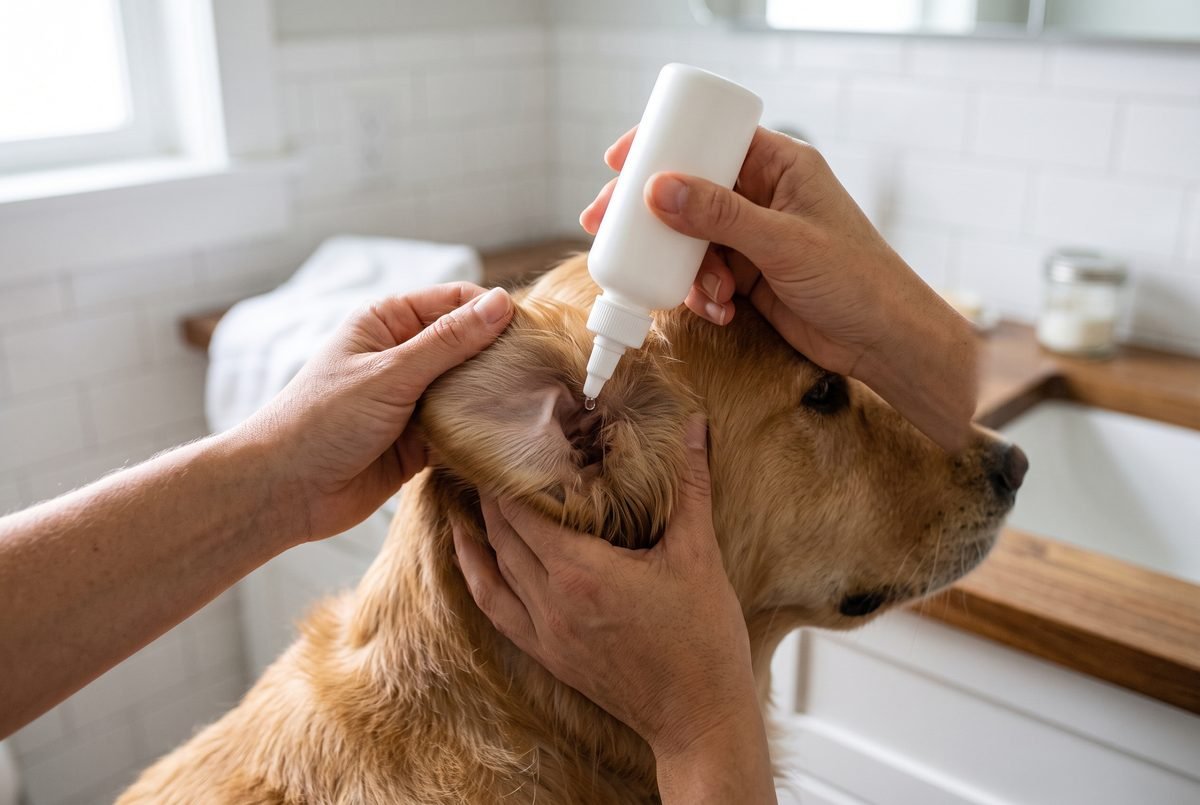 Pulizia delle orecchie del cane: mani che instillano il detergente nel condotto