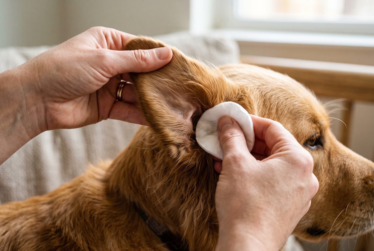 Mani che puliscono il padiglione dell'orecchio del cane con un dischetto di cotone