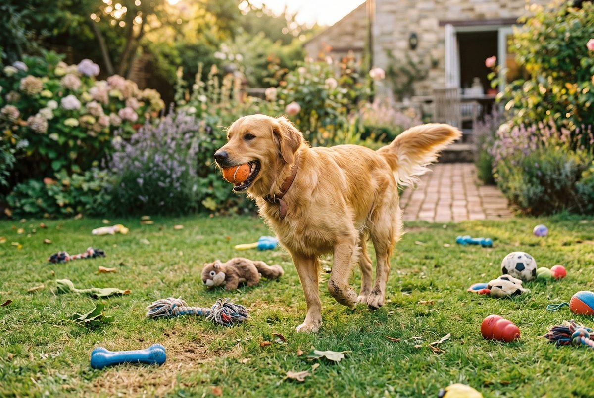 Golden retriever che gioca con una pallina sul prato di un giardino di casa