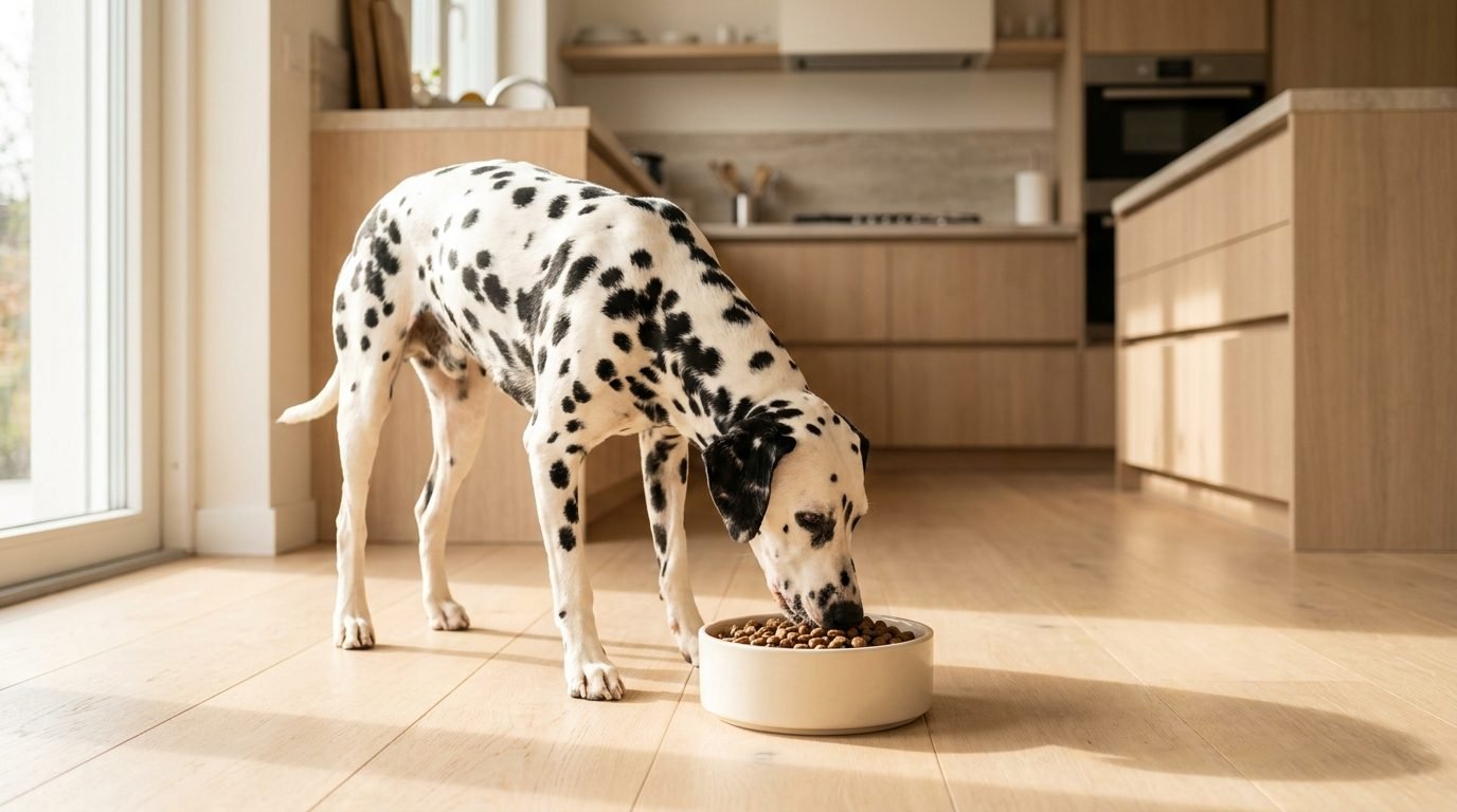 Dalmata adulto dal pelo lucido che mangia crocchette da una ciotola in cucina