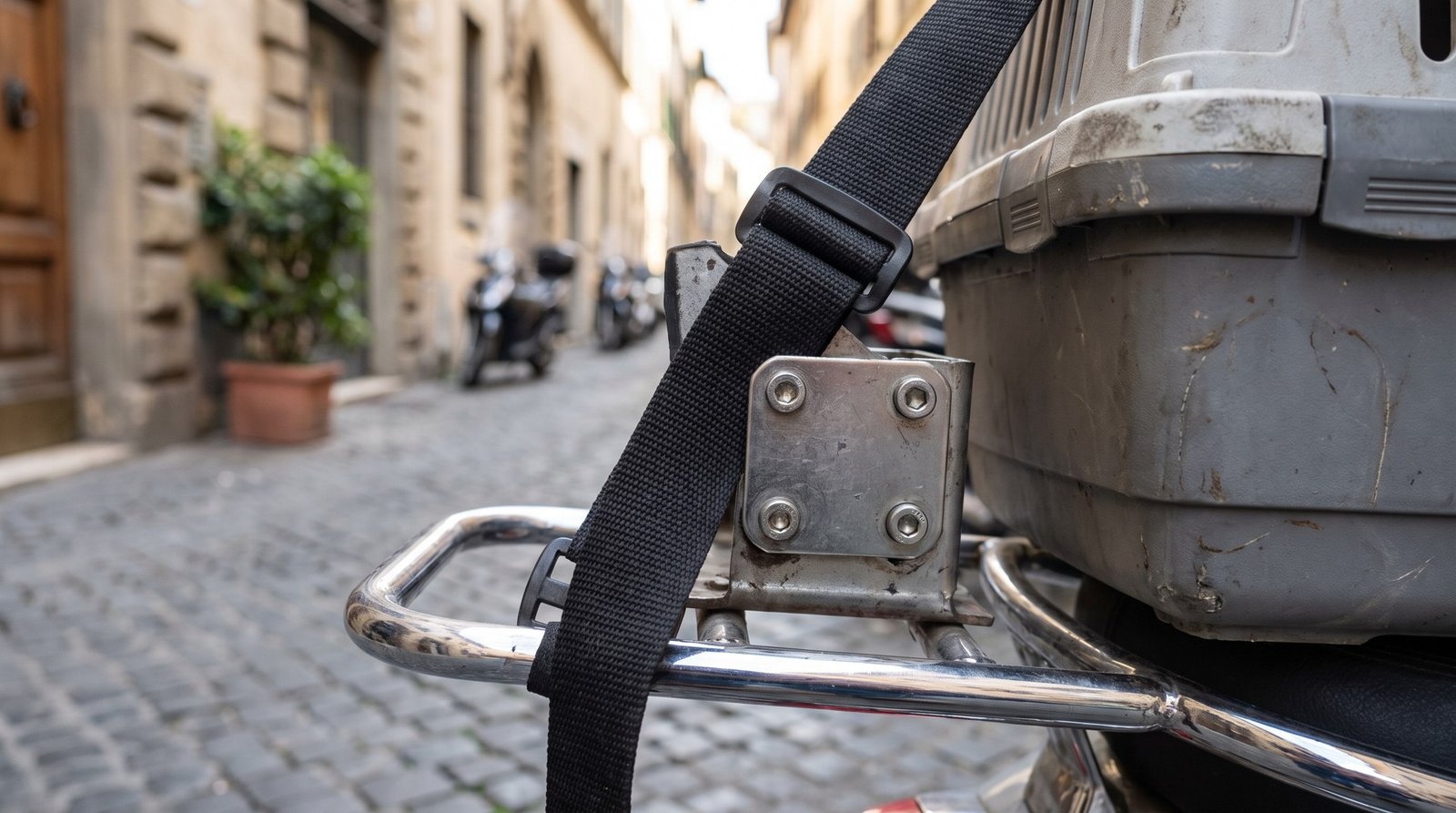 Piastra di aggancio e cinghia che fissano un trasportino al portapacchi di uno scooter
