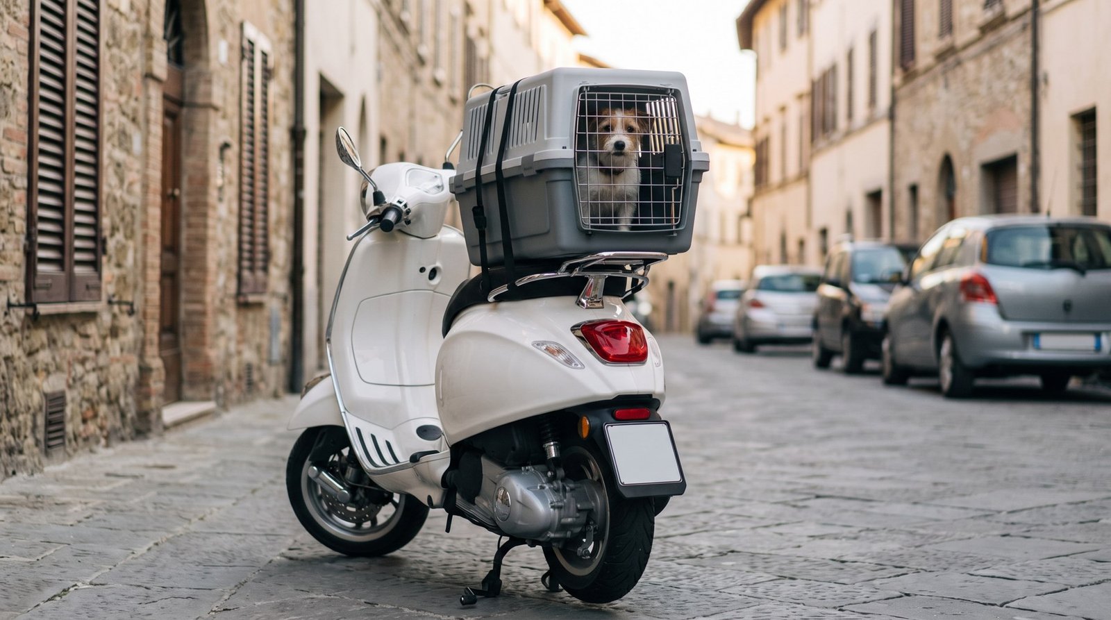 Trasportino rigido per cane agganciato al portapacchi di uno scooter parcheggiato in una via italiana