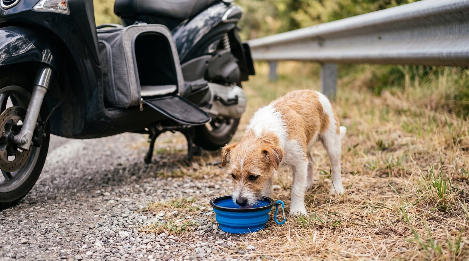 Cane che beve da una ciotola pieghevole durante una sosta accanto a uno scooter con trasportino