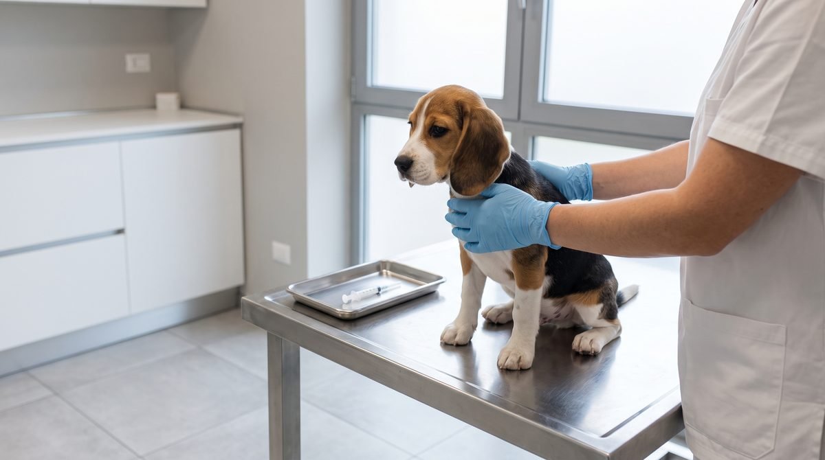 Cucciolo di beagle sul tavolo in acciaio di un ambulatorio veterinario, mani con guanti azzurri lo tengono fermo accanto al vassoio con la siringa