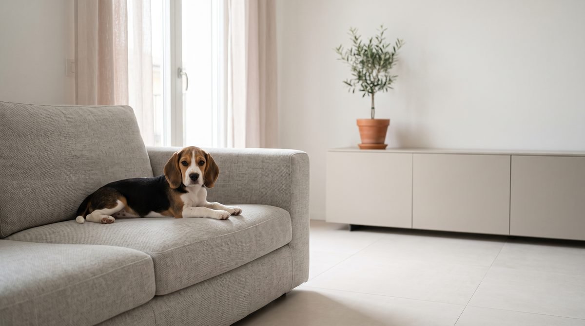 Cucciolo di beagle disteso sul divano in un soggiorno italiano contemporaneo, nelle ore di riposo dopo il vaccino